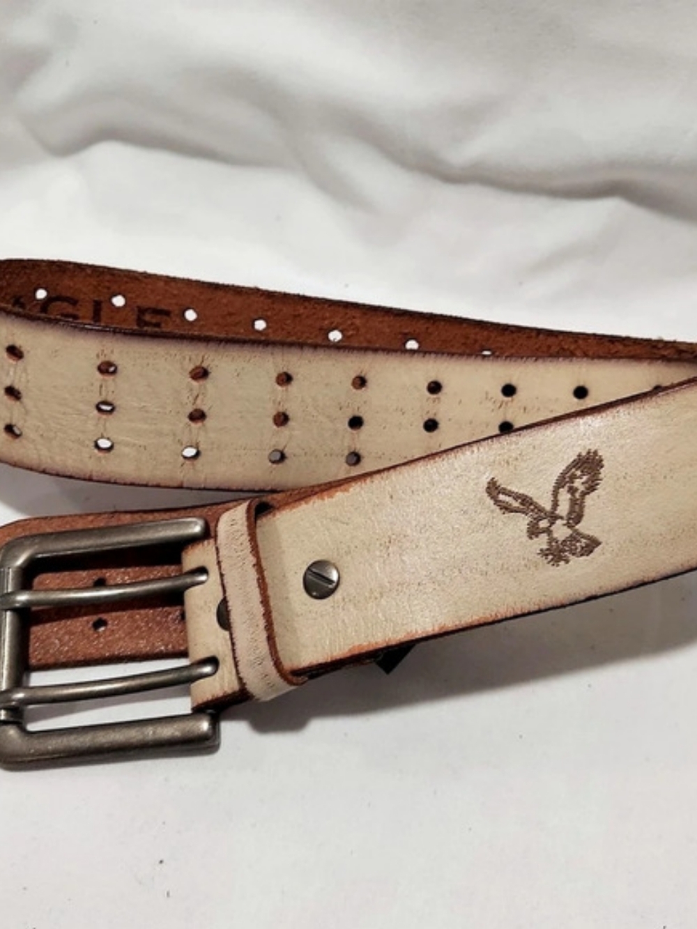 American Eagle Outfitters Leather Belt in Cream & Brown Size Large